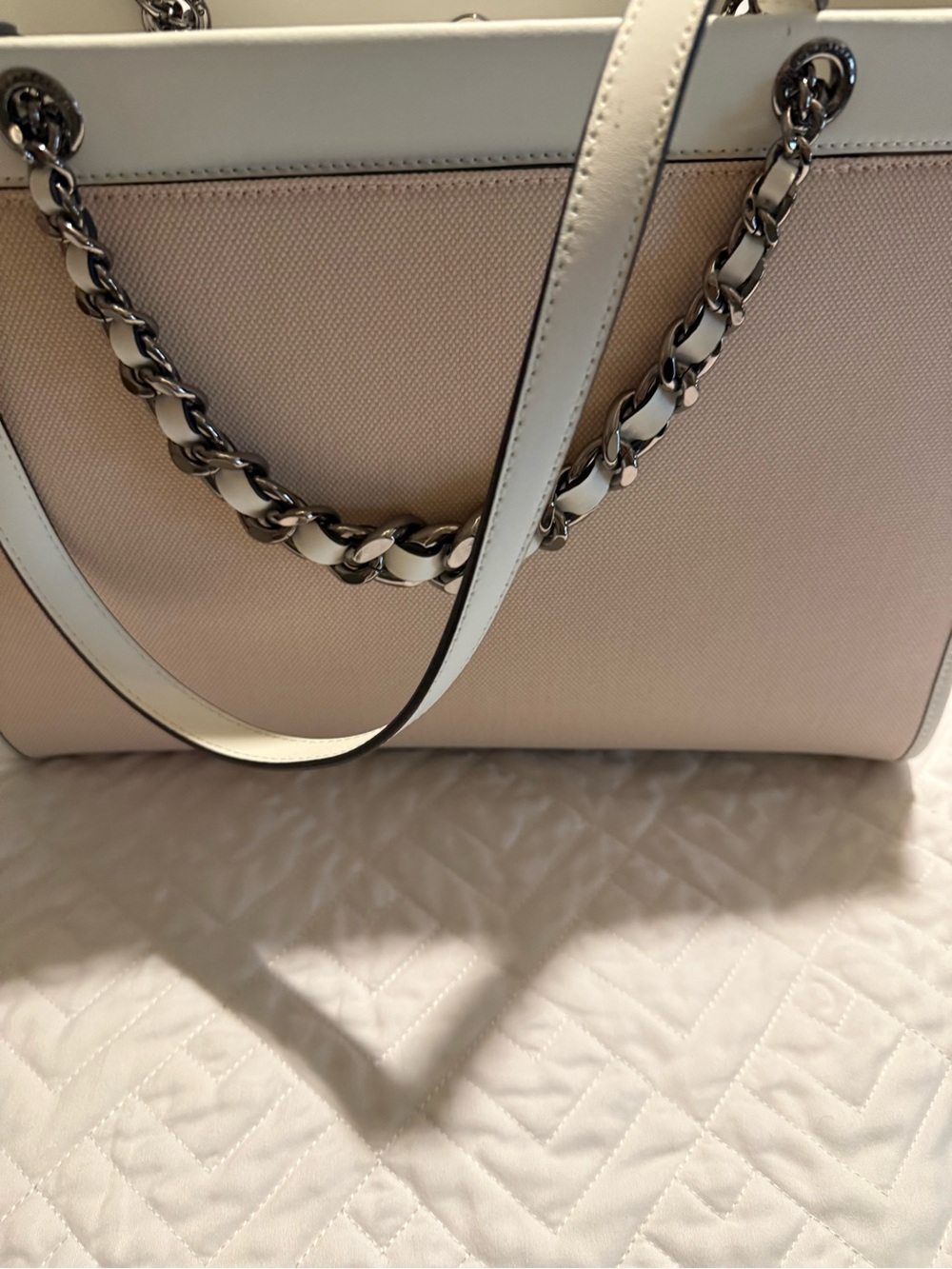 Karl Lagerfeld Light Beige and White Chain-Handle Tote with dust bag - Picture 8 of 13